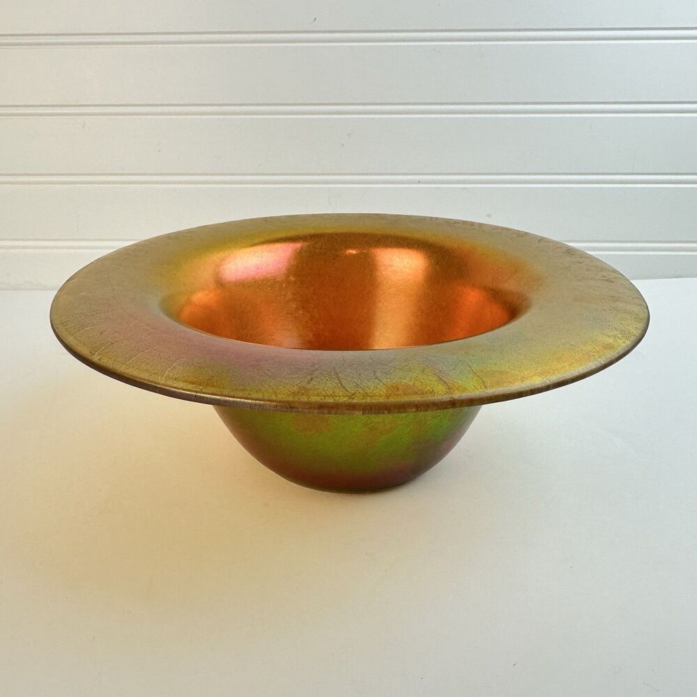 Imperial Jewels Marigold Iridescent Carnival Stretch Glass Bowl Iron Cross Mark